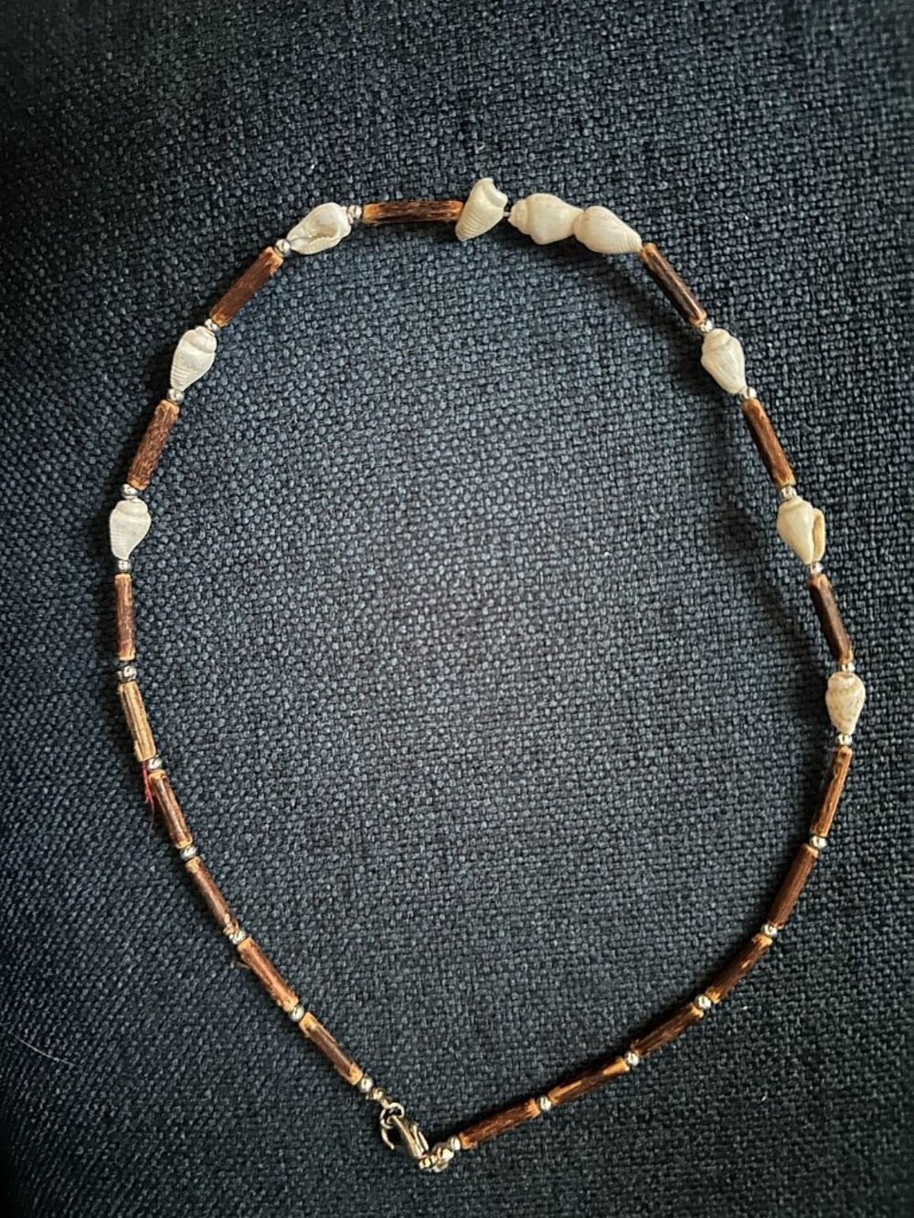 16 in. Shell and Wood Tube Bead Necklace, White, Brown and Silver, Surfer/Beach
